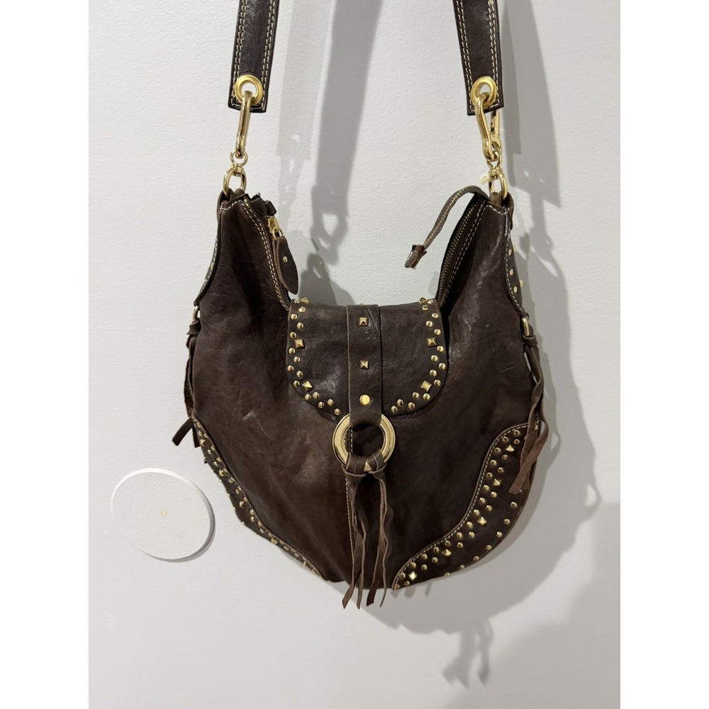 Nardelli Brown Leather Handbag Made in Italy Hobo Boho Studded Tassel 13x16" L